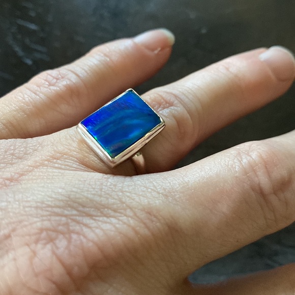 Aurora Opal RectangleSterling Silver Ring 7.5 - Picture 3 of 4